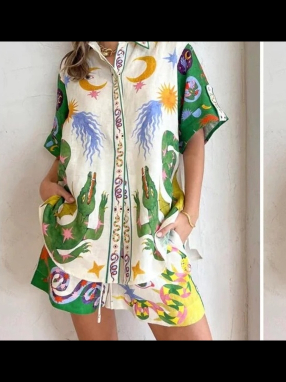 Playful Crocodile Print Button-Up Set in Green & Cream